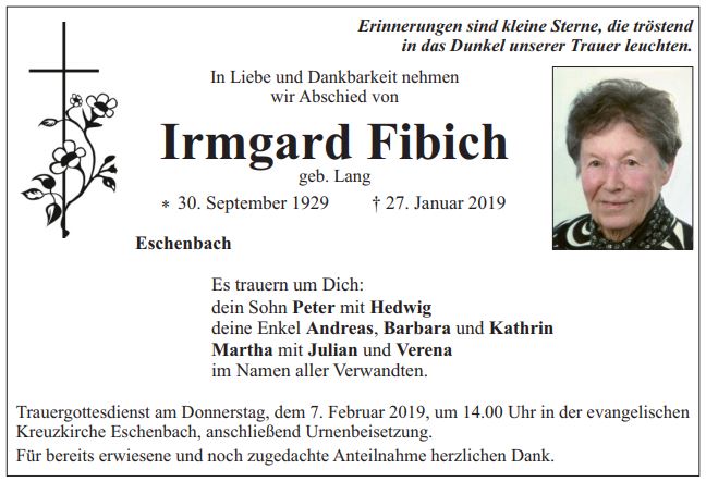 Traueranzeige Irmgard Fibich, Eschenbach