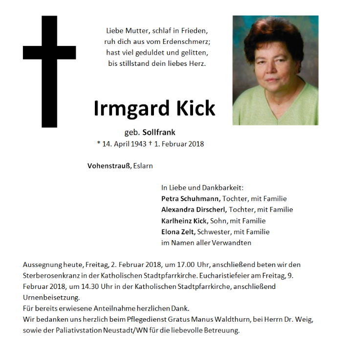Traueranzeige Irmgard Kick, Vohenstrauß