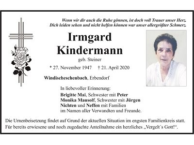 Traueranzeige Irmgard Kindermann, Windischeschenbach