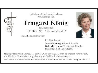 Traueranzeige Irmgard König, Haselhöhe