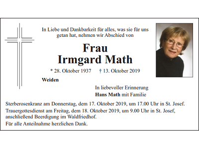 Traueranzeige Irmgard Math, Weiden