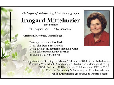 Traueranzeige Irmgard Mittelmeier, Vohenstrauß