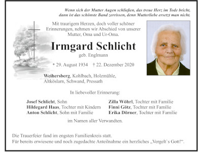 Traueranzeige Irmgard Schlicht, Weihersberg