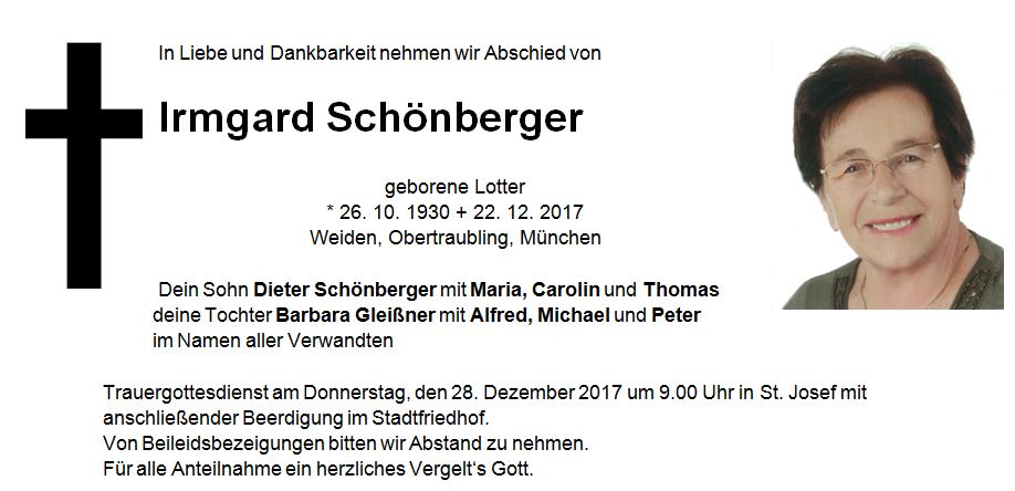 Traueranzeige Irmgard Schönberger, Weiden