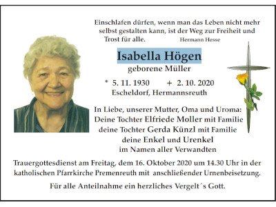Traueranzeige Isabella Högen, Escheldorf