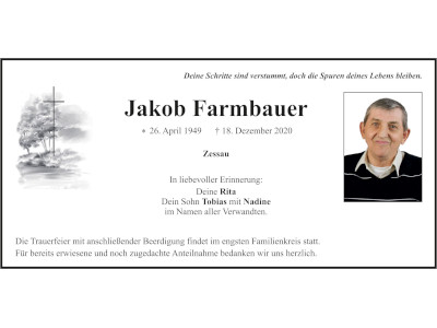 Traueranzeige Jakob Farmbauer, Zessau