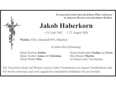 Traueranzeige Jakob Haberkorn, Weiden
