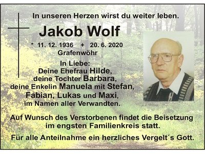 Traueranzeige Jakob Wolf, Grafenwöhr