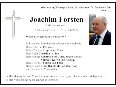 Traueranzeige Joachim Forsten, Weiden