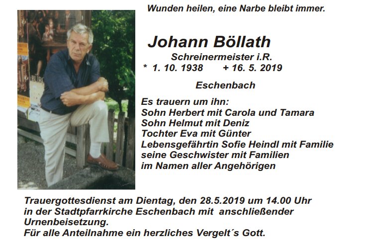 Traueranzeige Johann Böllath, Eschenbach