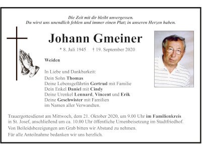 Traueranzeige Johann Gmeiner, Weiden