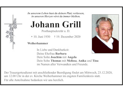 Traueranzeige Johann Grill, Weiherhammer
