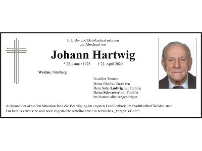 Traueranzeige Johann Hartwig, Weiden