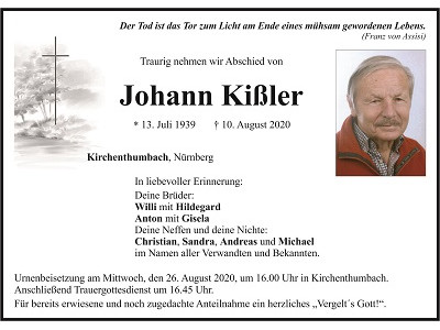 Traueranzeige Johann Kißler, Kirchenthumbach
