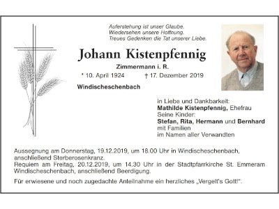 Traueranzeige Johann Kistenpfennig, Windischeschenbach