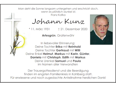 Traueranzeige Johann Kunz, Artesgrün
