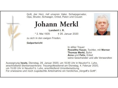 Traueranzeige Johann Merkl, Gelpertsricht