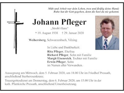 Traueranzeige Johann Pfleger, Weihersberg