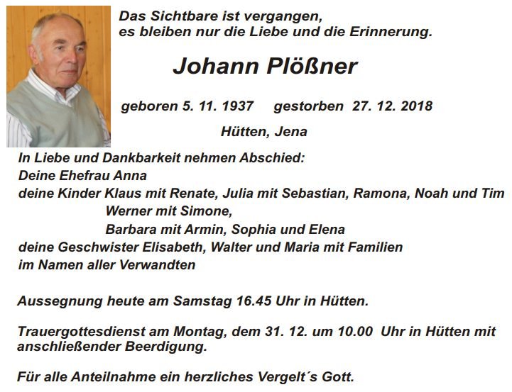 Traueranzeige Johann Plößner, Hütten
