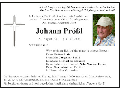 Traueranzeige Johann Prößl, Schwarzenbach