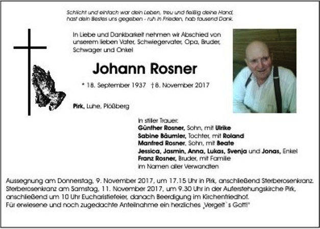 Traueranzeige Johann Rosner, Pirk