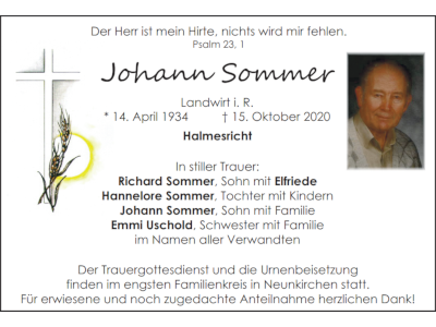 Traueranzeige Johann Sommer, Halmesricht