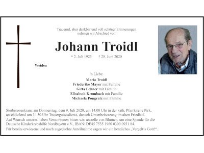 Traueranzeige Johann Troidl, Weiden