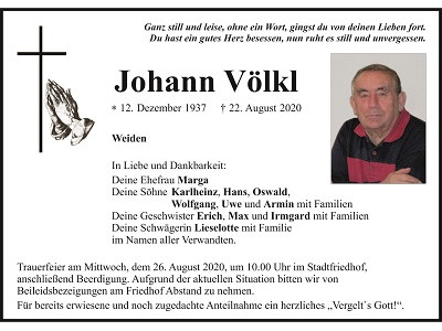 Traueranzeige Johann Völkl, Weiden