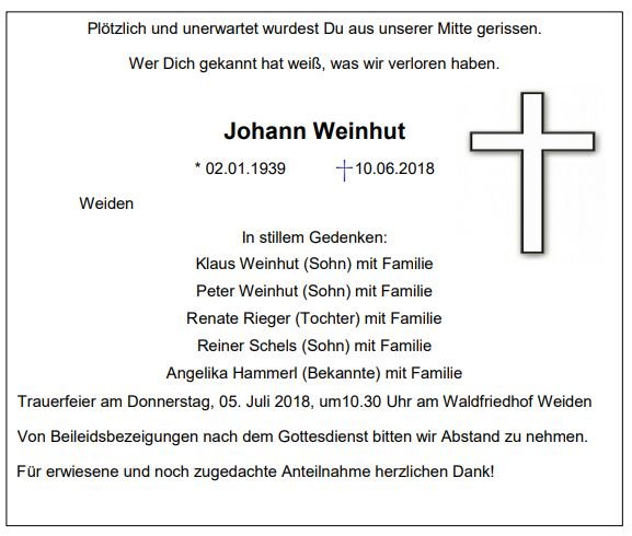 Traueranzeige Johann Weinhut, Weiden