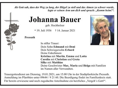Traueranzeige Johanna Bauer, Pressath