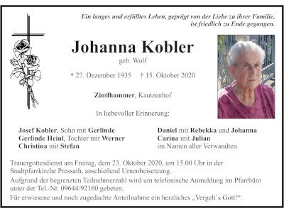 Traueranzeige Johanna Kobler, Zintlhammer