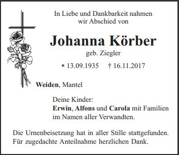 Traueranzeige Johanna Körber, Weiden
