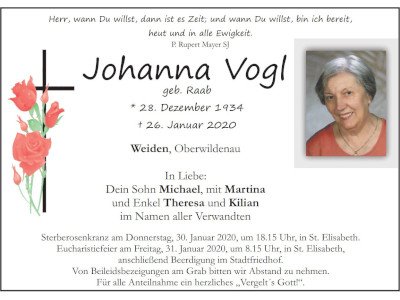 Traueranzeige Johanna Vogl, Weiden