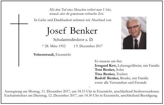 Traueranzeige Josef Benker, Vohenstrauß