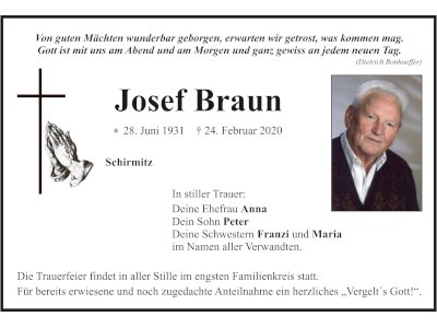 Traueranzeige Josef Braun, Schirmitz