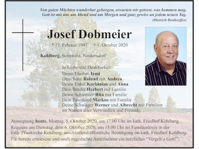 Traueranzeige Josef Dobmeier, Kohlberg