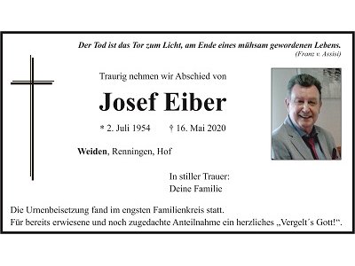 Traueranzeige Josef Eiber, Weiden