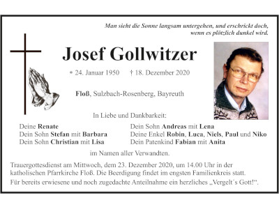 Traueranzeige Josef Gollwitzer, Floß