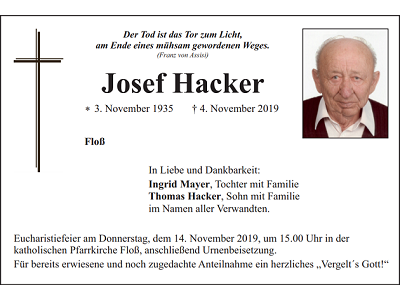Traueranzeige Josef Hacker, Floß