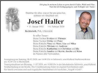 Traueranzeige Josef Haller, Bechtsrieth