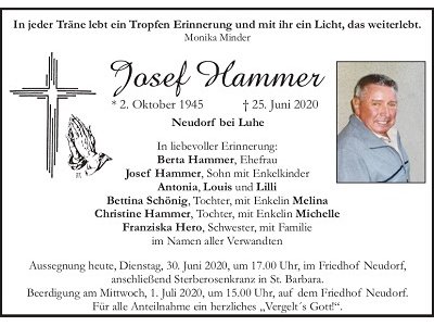 Traueranzeige Josef Hammer, Neudorf bei Luhe