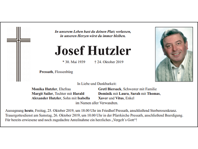 Traueranzeige Josef Hutzler, Pressath