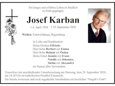 Traueranzeige Josef Karban, Weiden