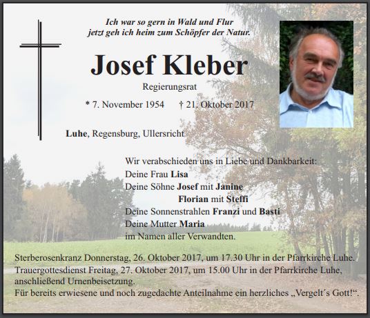 Traueranzeige Josef Kleber, Luhe