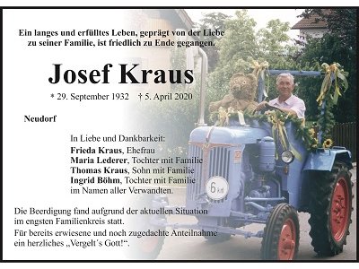 Traueranzeige Josef Kraus, Neudorf