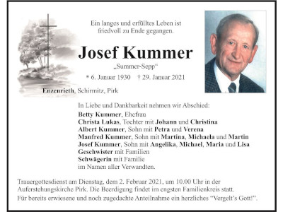 Traueranzeige Josef Kummer, Enzenrieth