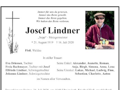 Traueranzeige Josef Lindner, Floß