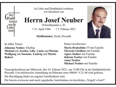 Traueranzeige Josef Neuber, Zintlhammer