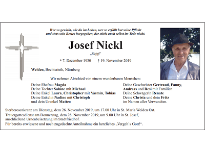 Traueranzeige Josef Nickl, Weiden