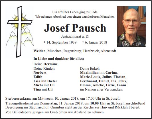 Traueranzeige Josef Pausch, Weiden